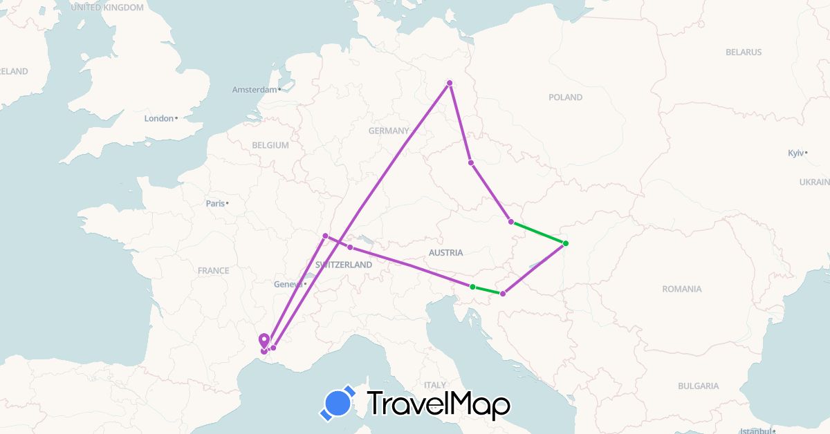 TravelMap itinerary: driving, bus, train in Austria, Switzerland, Czech Republic, Germany, France, Croatia, Hungary, Slovenia (Europe)