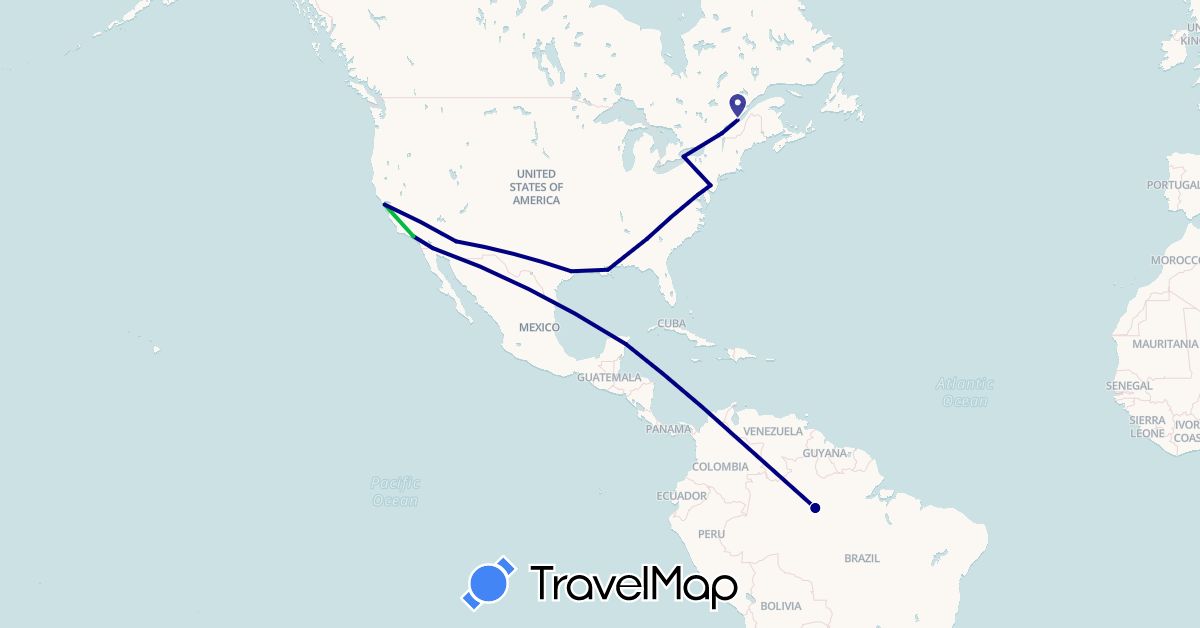 TravelMap itinerary: driving, bus in Brazil, Canada, Mexico, United States (North America, South America)